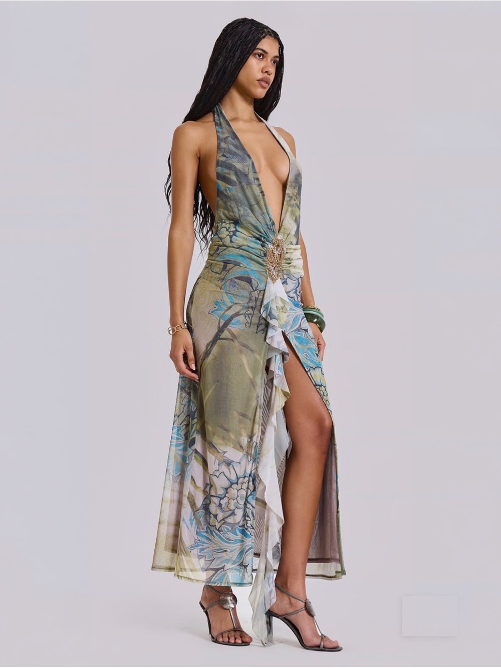 Jaded London Cindy Plunge Maxi Dress Green Floral Print Size 6